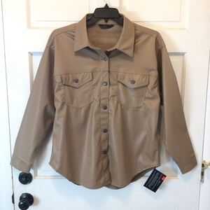 Excuse Womens Tan Faux Leather Lightweight Layering Button Up Jacket Top Large